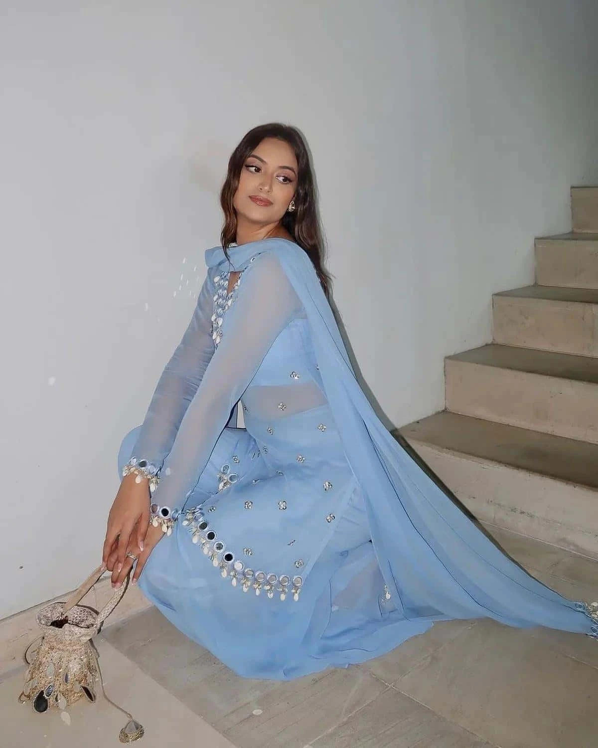 Faux Georgette Threadwork  Kurta Pant with Dupatta