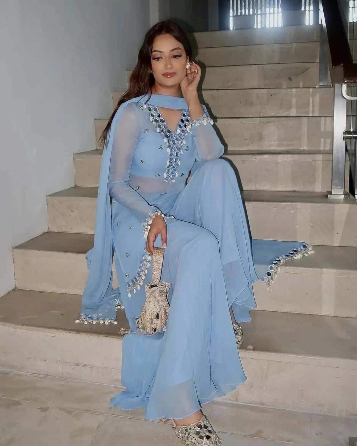 Faux Georgette Threadwork  Kurta Pant with Dupatta