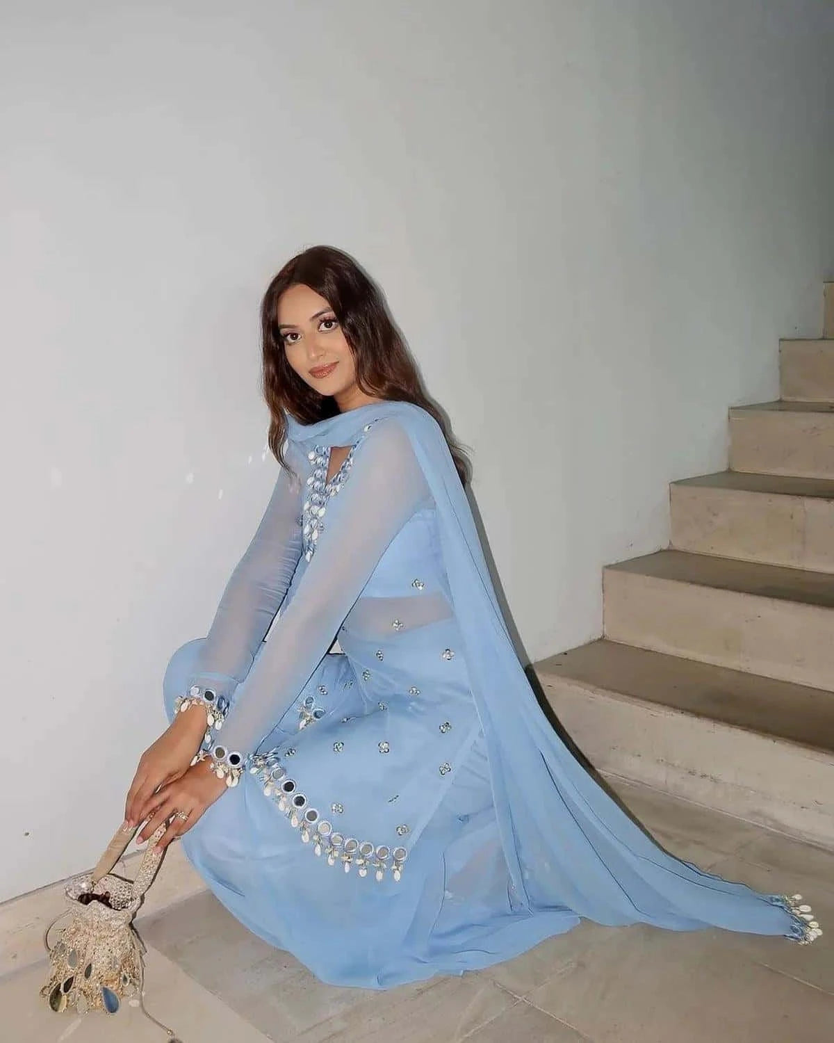 Faux Georgette Threadwork  Kurta Pant with Dupatta