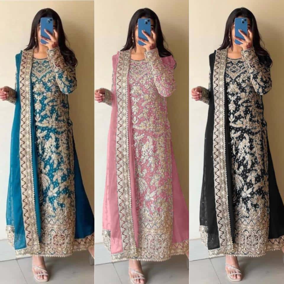 Elegant Heavy Faux Georgette Embroidered Top and Plazzo with and Dupatta Set