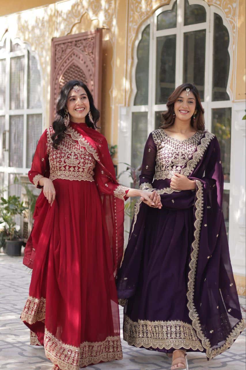 Exquisite Embroidered Zari Sequins Gown Set with Matching Dupatta