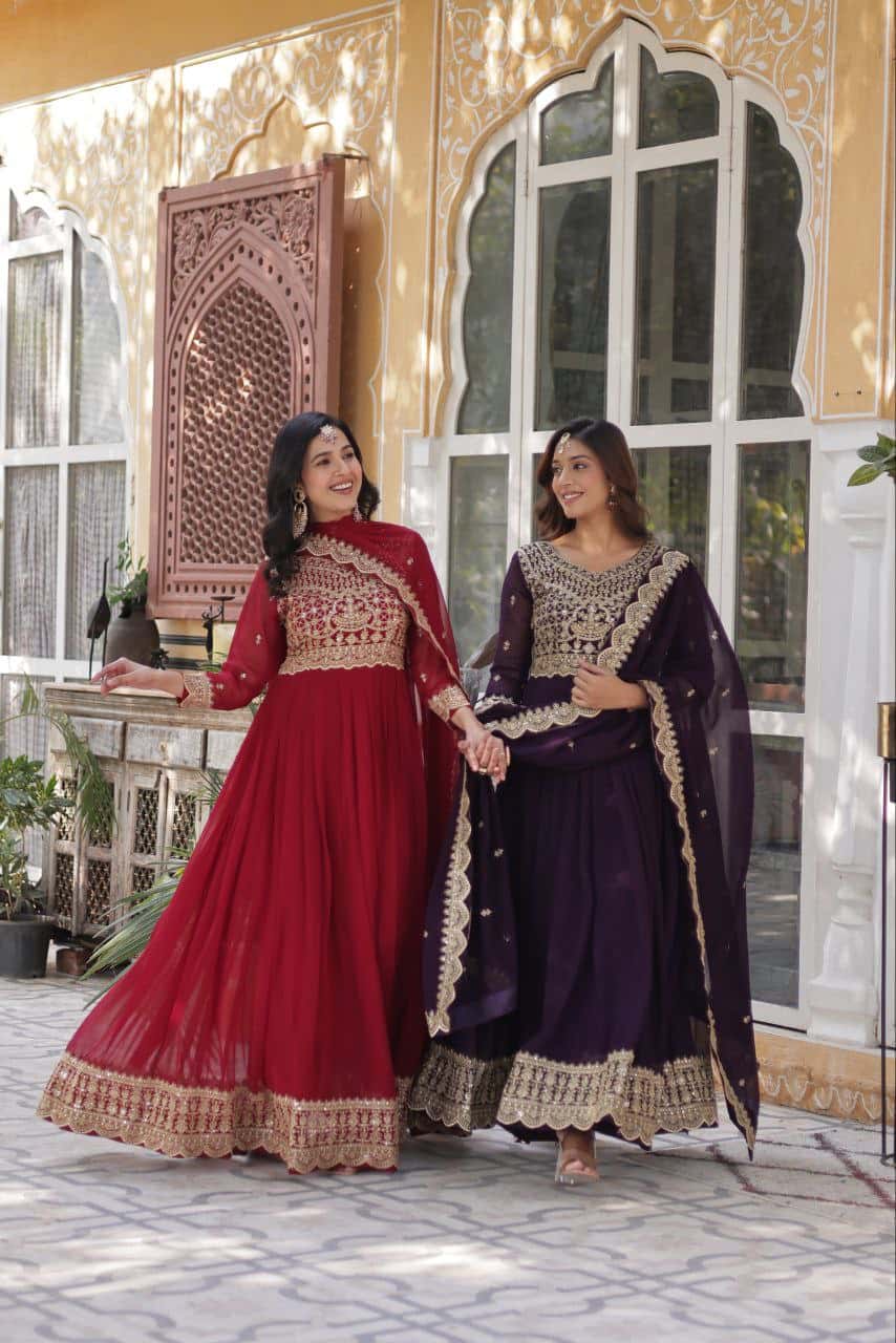 Exquisite Embroidered Zari Sequins Gown Set with Matching Dupatta