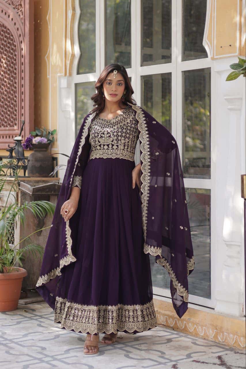 Exquisite Embroidered Zari Sequins Gown Set with Matching Dupatta