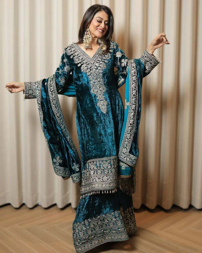 "Luxurious Heavy Velvet Sequins Embroidered Top, Plazzo & Dupatta Set"
