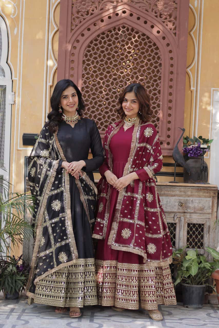 "Embroidered Star Georgette Gown with Sequins and Designer Dupatta"