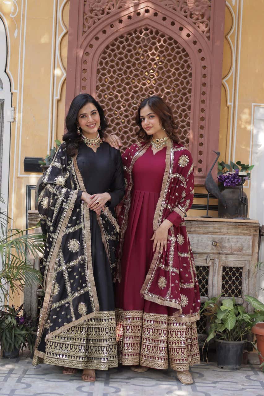 "Embroidered Star Georgette Gown with Sequins and Designer Dupatta"