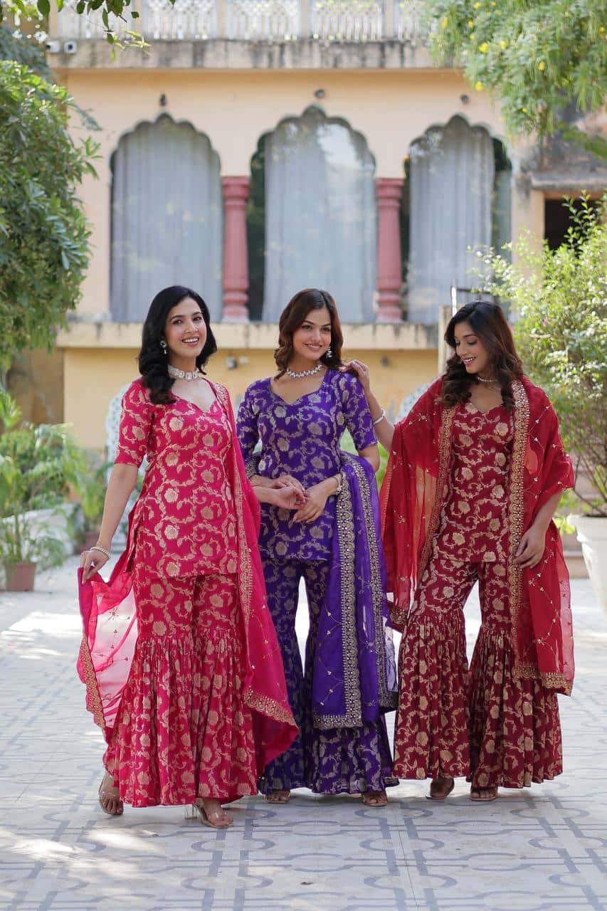 "Exquisite Viscose Georgette Jacquard Kurti & Gharara Set with Embroidered Silk Dupatta"
