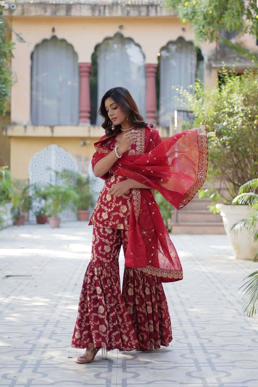 "Exquisite Viscose Georgette Jacquard Kurti & Gharara Set with Embroidered Silk Dupatta"