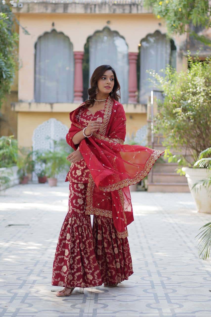 "Exquisite Viscose Georgette Jacquard Kurti & Gharara Set with Embroidered Silk Dupatta"