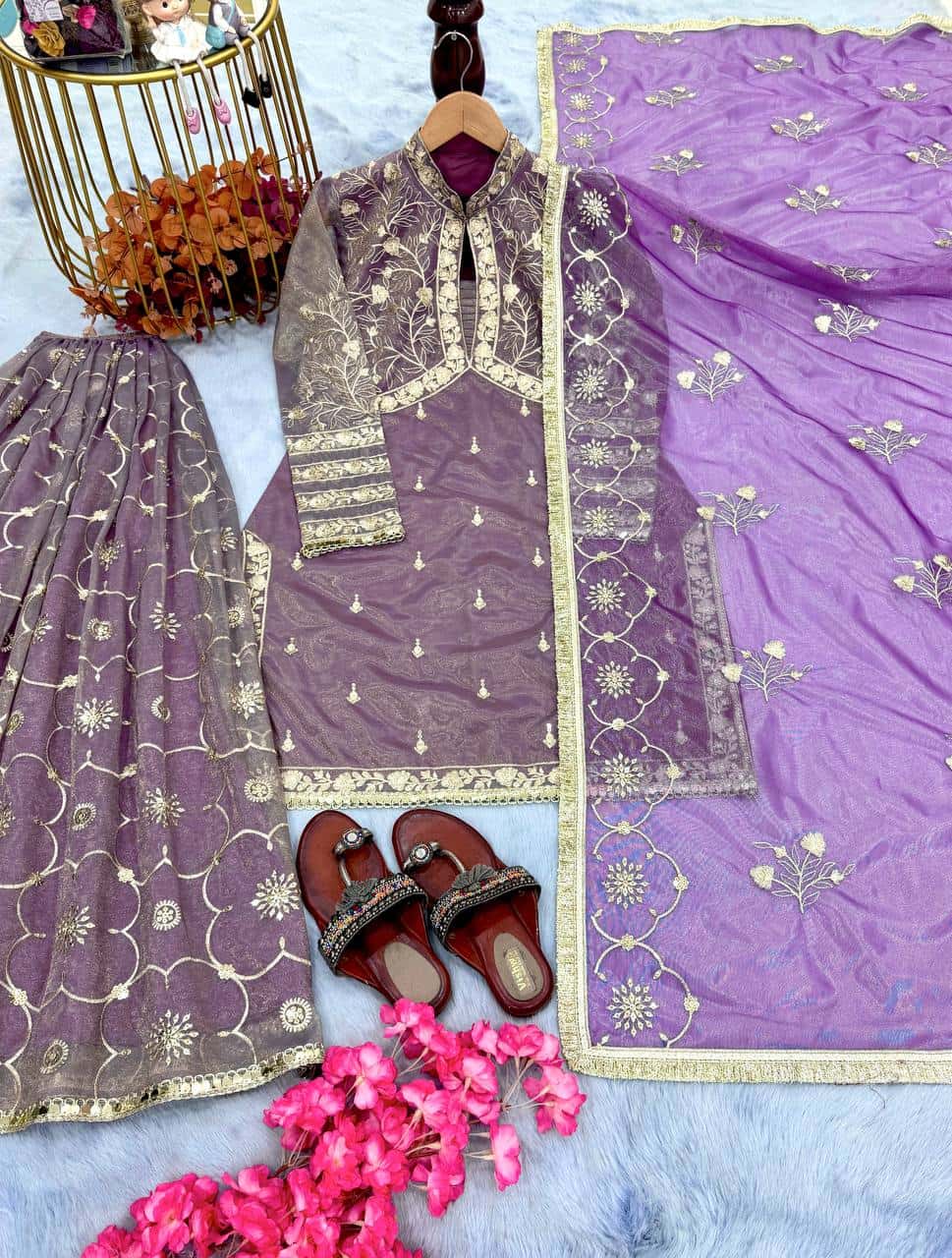 "Luxurious Pur Twil Gold Net Embroidered Suit Set with Sequence Work and Fancy Lace Border"