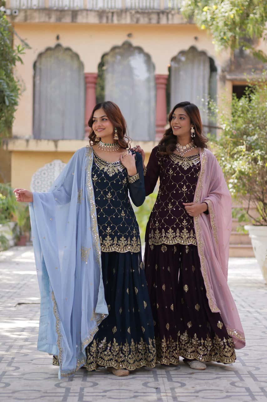 "Elegant Faux Blooming Embroidered Kurti, Plazzo & Dupatta Set with Sequins Work"