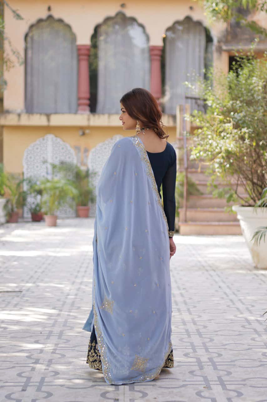 "Elegant Faux Blooming Embroidered Kurti, Plazzo & Dupatta Set with Sequins Work"