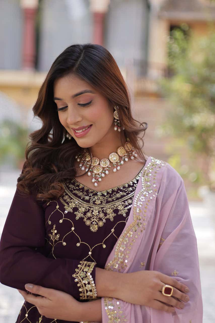 "Elegant Faux Blooming Embroidered Kurti, Plazzo & Dupatta Set with Sequins Work"