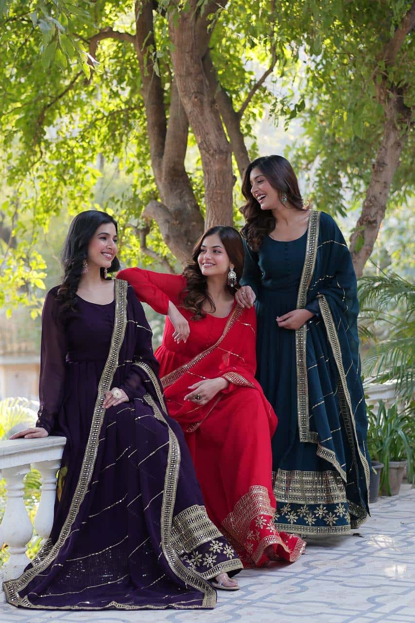 "Elegantly Embellished Faux Blooming Sequin Gown with Dupatta – Perfect for Festive Occasions"