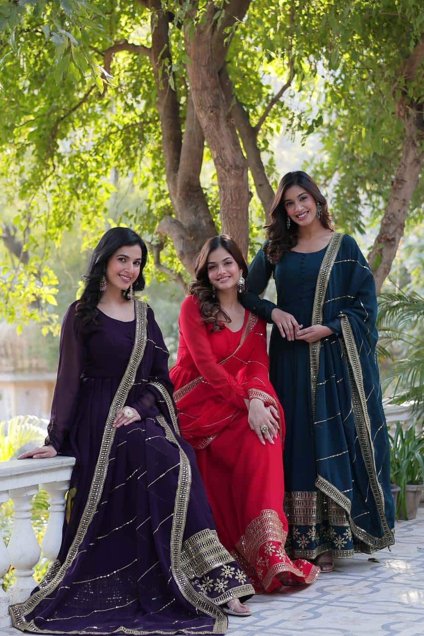 "Elegantly Embellished Faux Blooming Sequin Gown with Dupatta – Perfect for Festive Occasions"