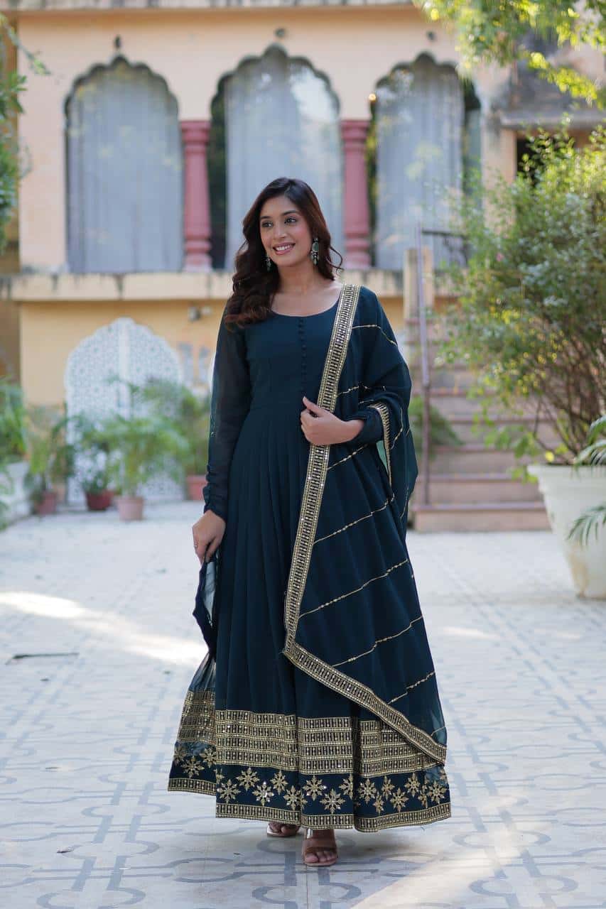"Elegantly Embellished Faux Blooming Sequin Gown with Dupatta – Perfect for Festive Occasions"