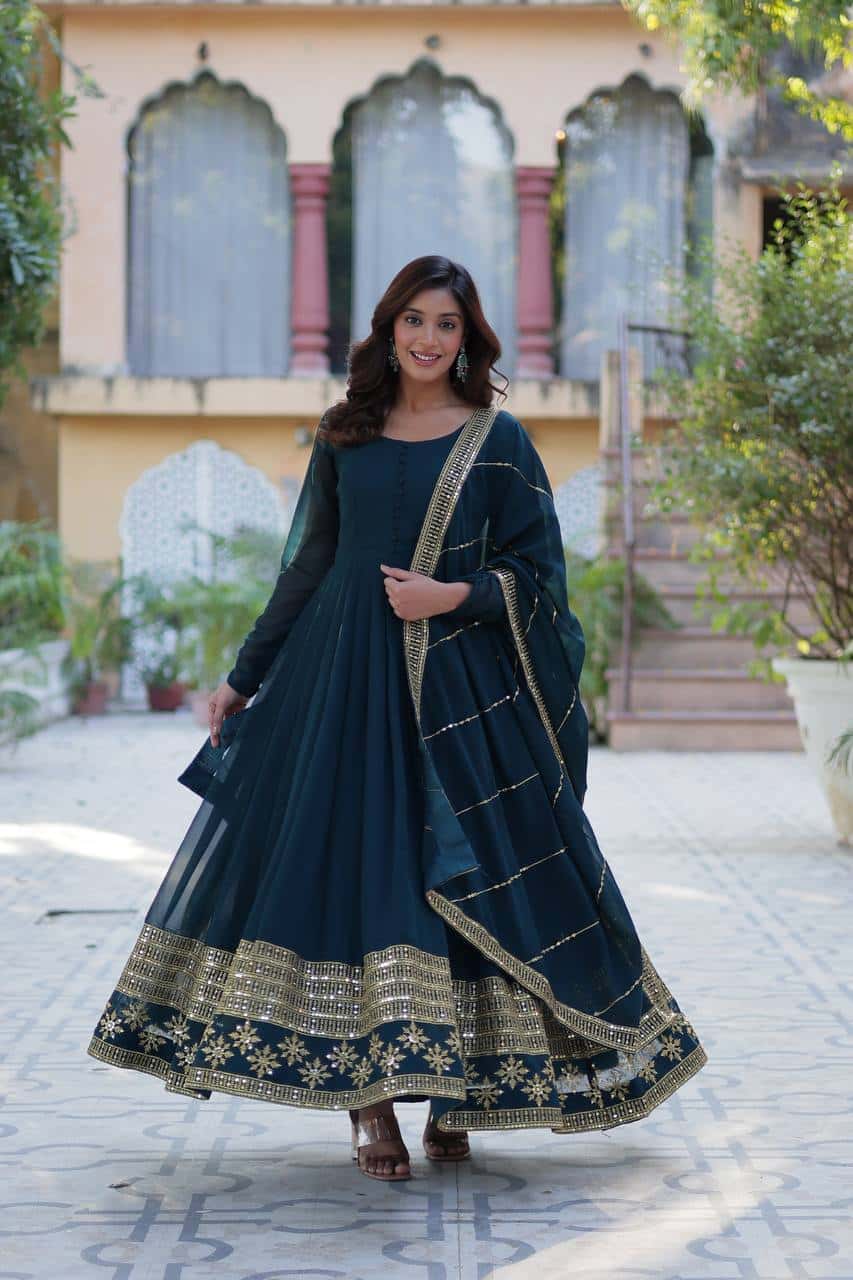 "Elegantly Embellished Faux Blooming Sequin Gown with Dupatta – Perfect for Festive Occasions"