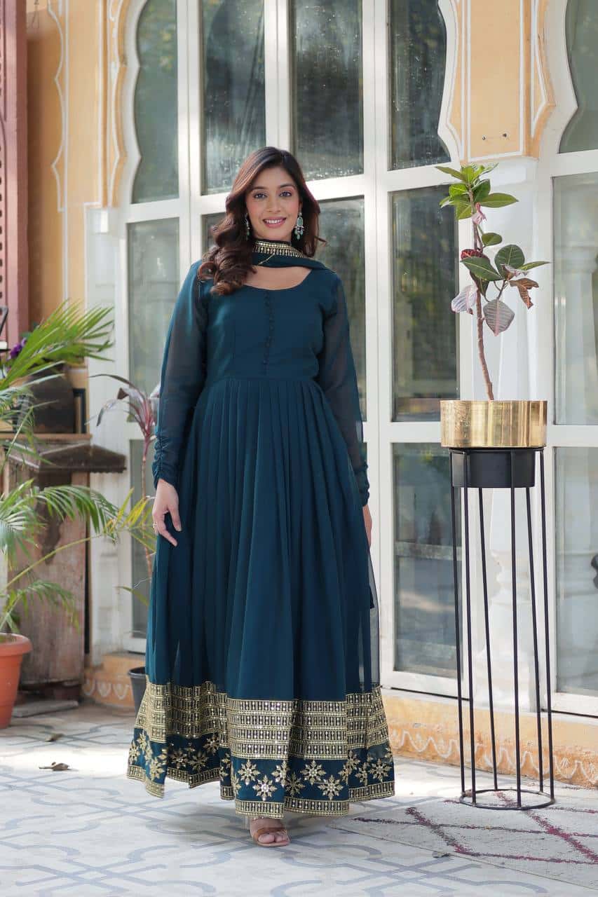 "Elegantly Embellished Faux Blooming Sequin Gown with Dupatta – Perfect for Festive Occasions"