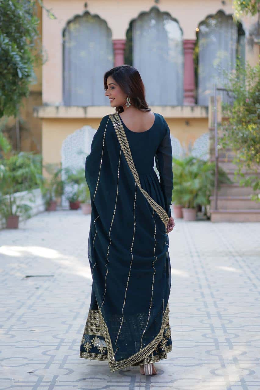 "Elegantly Embellished Faux Blooming Sequin Gown with Dupatta – Perfect for Festive Occasions"