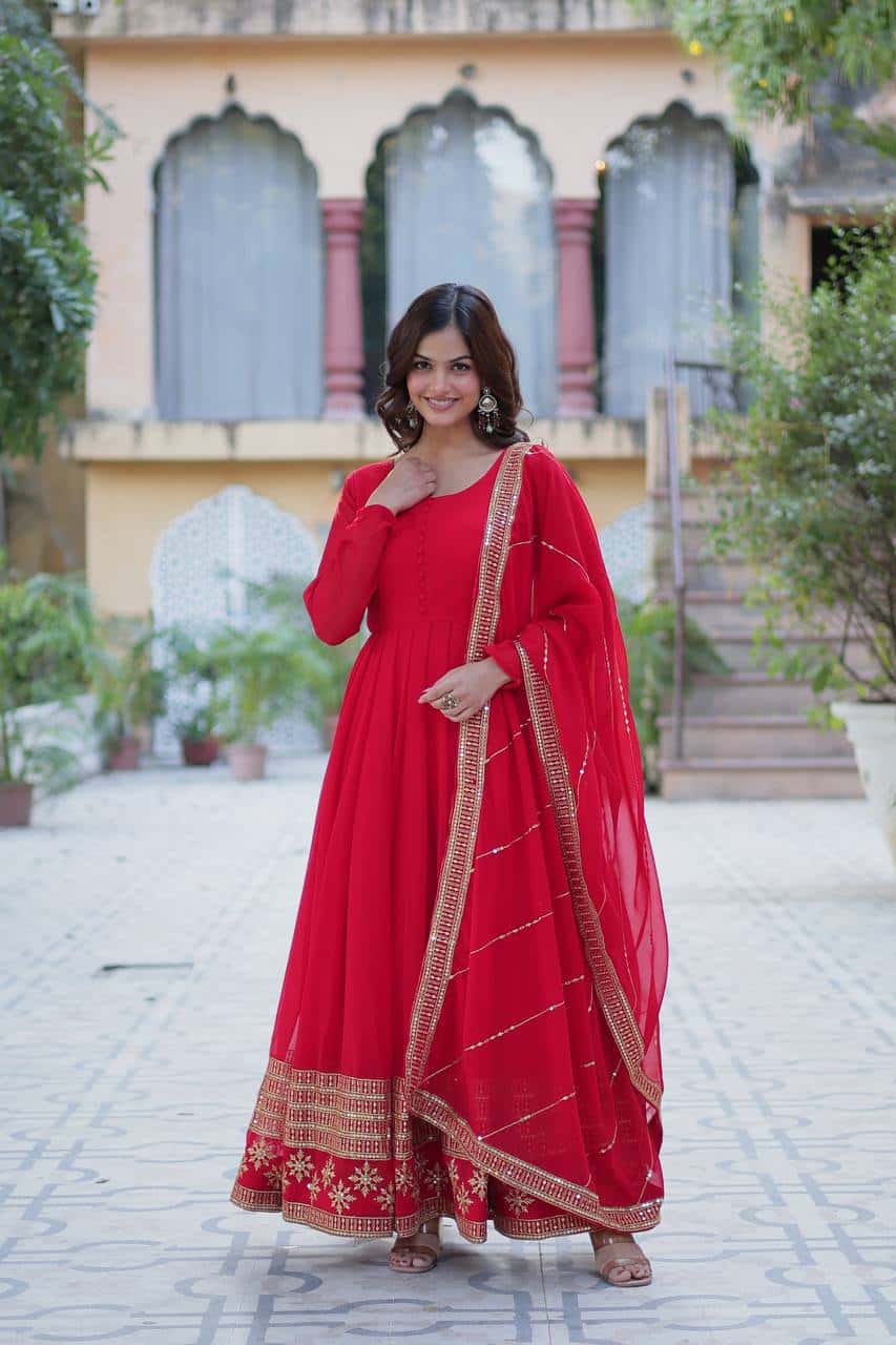"Elegantly Embellished Faux Blooming Sequin Gown with Dupatta – Perfect for Festive Occasions"