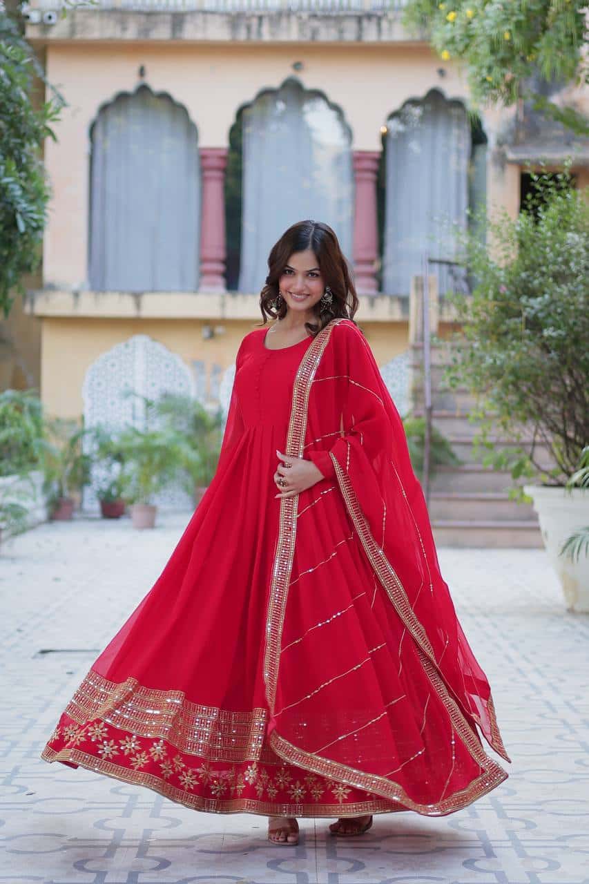 "Elegantly Embellished Faux Blooming Sequin Gown with Dupatta – Perfect for Festive Occasions"