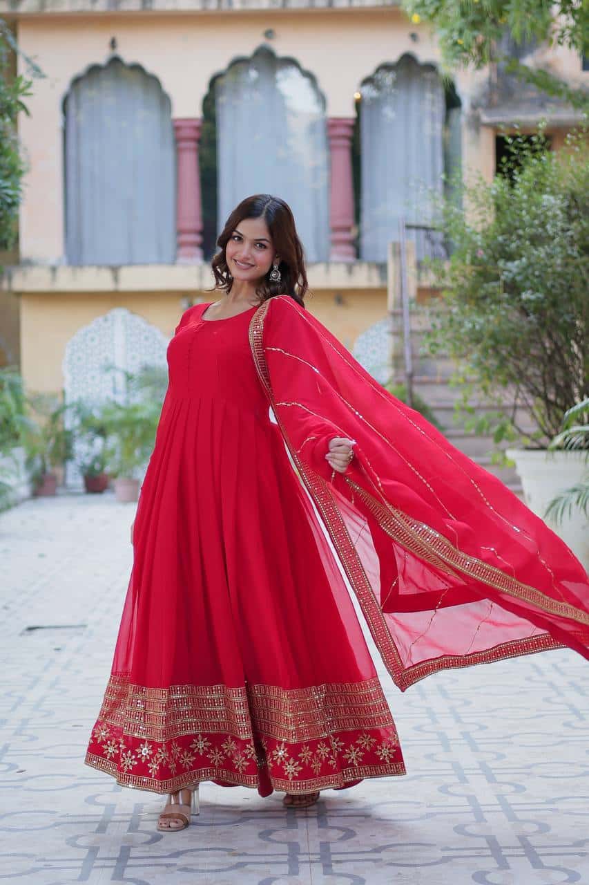 "Elegantly Embellished Faux Blooming Sequin Gown with Dupatta – Perfect for Festive Occasions"