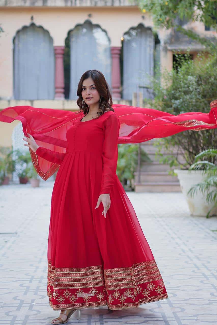 "Elegantly Embellished Faux Blooming Sequin Gown with Dupatta – Perfect for Festive Occasions"