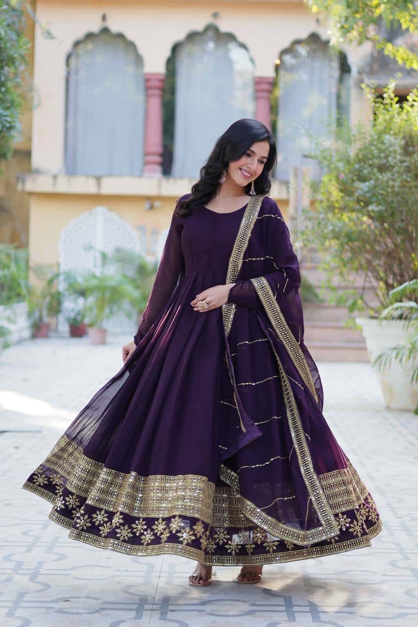 "Elegantly Embellished Faux Blooming Sequin Gown with Dupatta – Perfect for Festive Occasions"