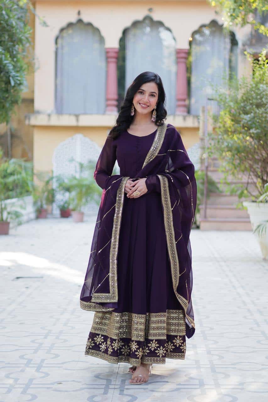"Elegantly Embellished Faux Blooming Sequin Gown with Dupatta – Perfect for Festive Occasions"