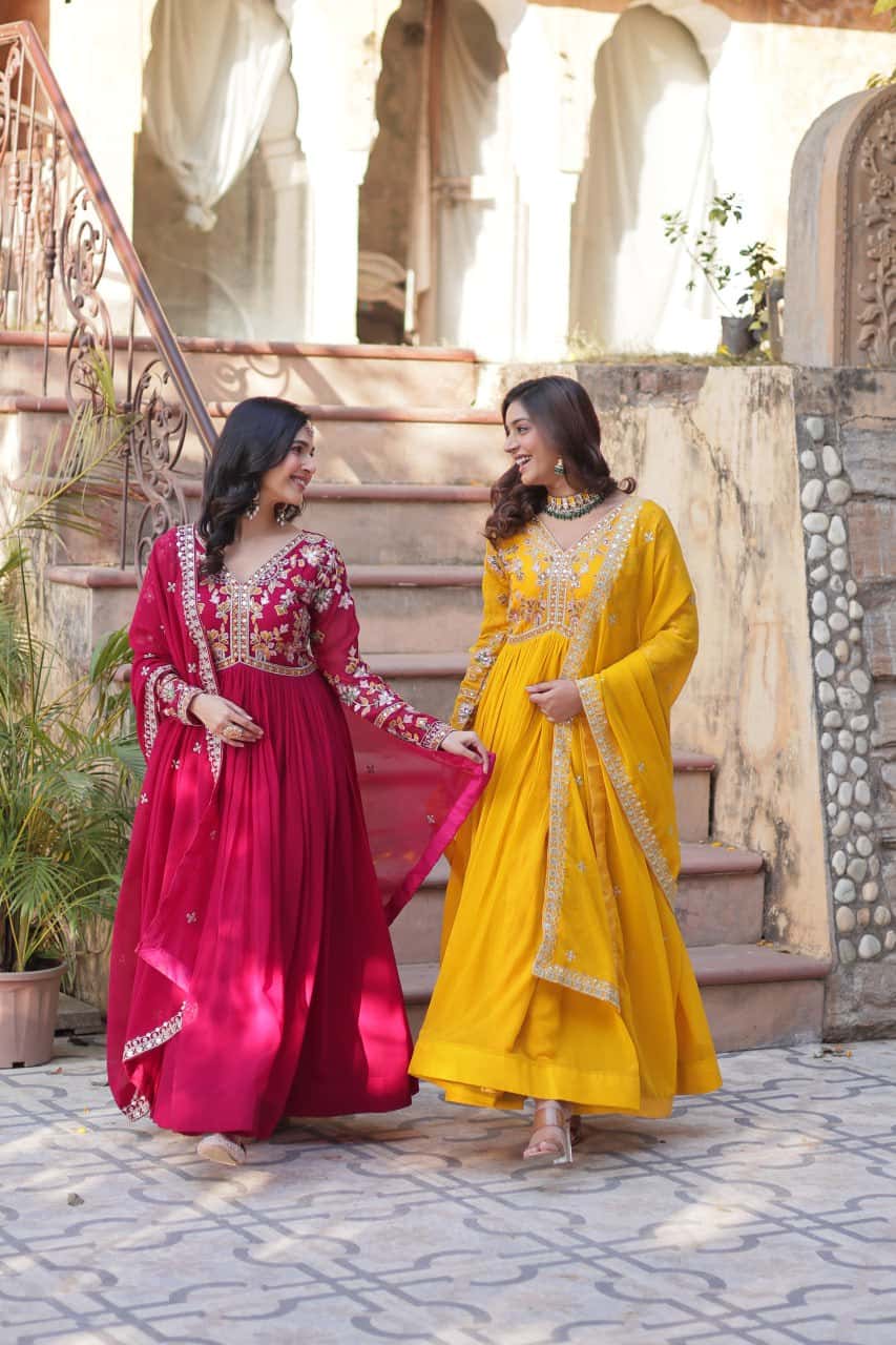 "Exquisite Faux Blooming Embroidered Gown with Sequins & Designer Dupatta Set"