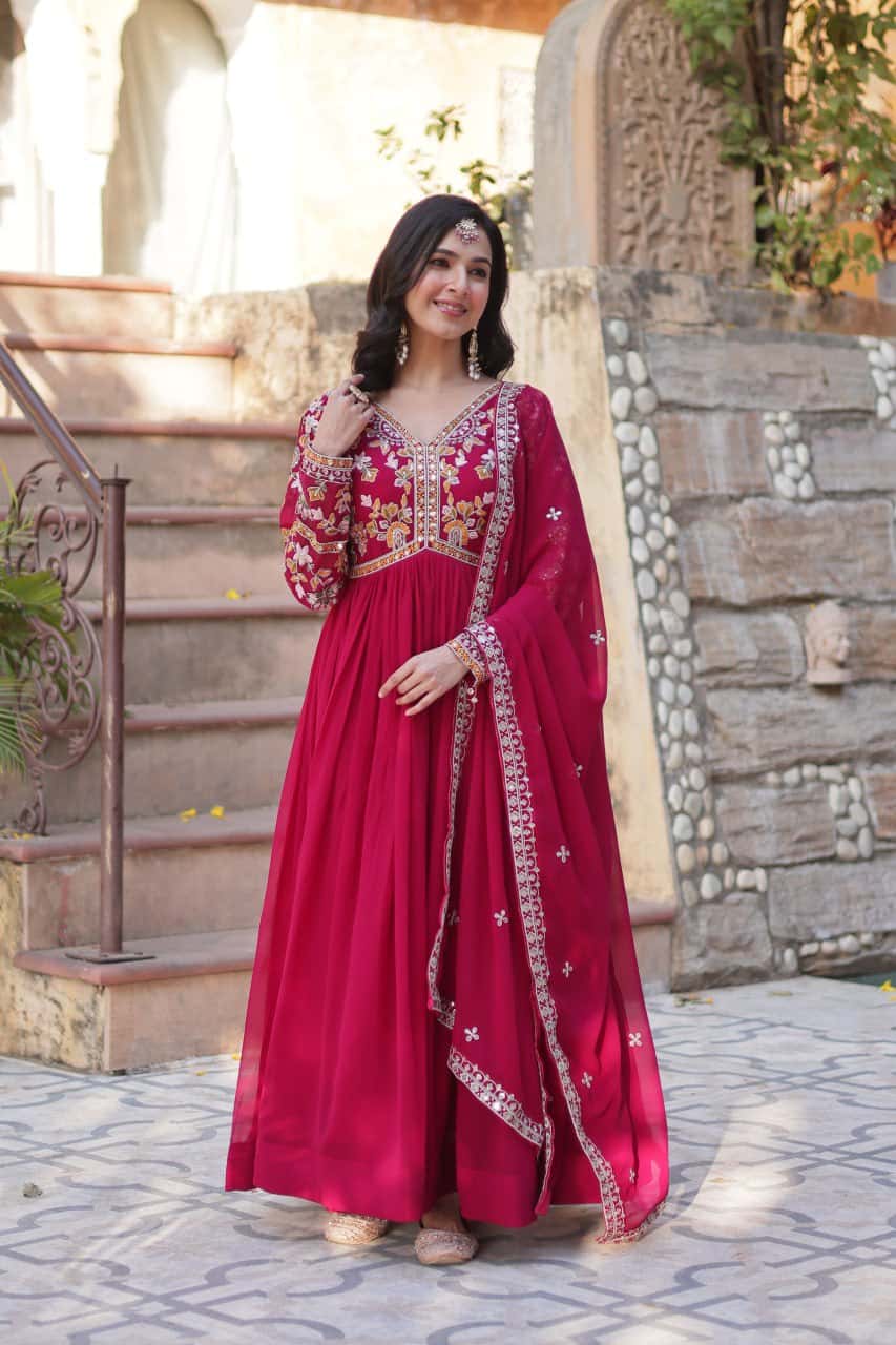 "Exquisite Faux Blooming Embroidered Gown with Sequins & Designer Dupatta Set"