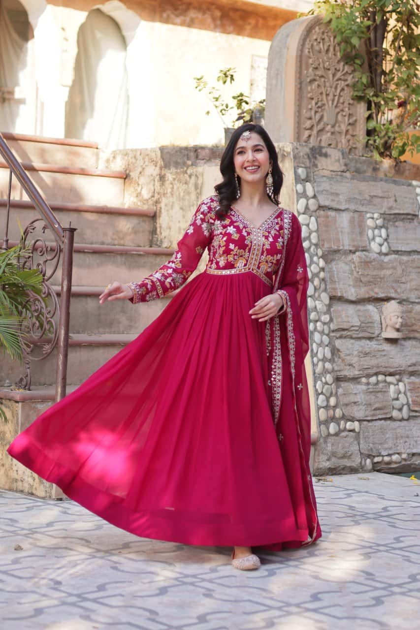 "Exquisite Faux Blooming Embroidered Gown with Sequins & Designer Dupatta Set"
