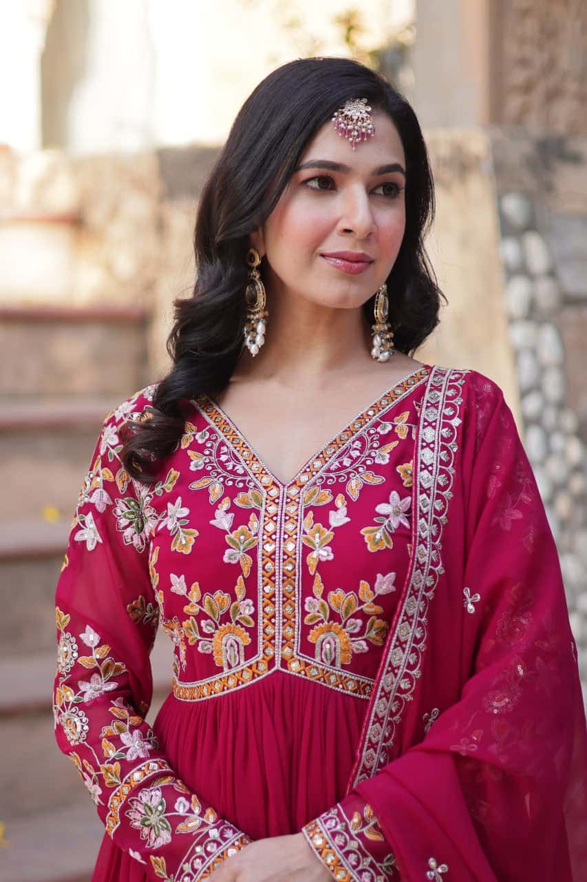 "Exquisite Faux Blooming Embroidered Gown with Sequins & Designer Dupatta Set"