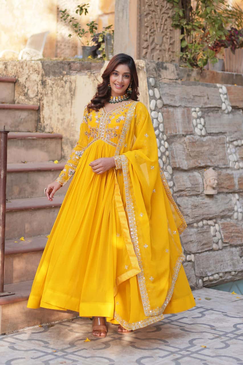 "Exquisite Faux Blooming Embroidered Gown with Sequins & Designer Dupatta Set"
