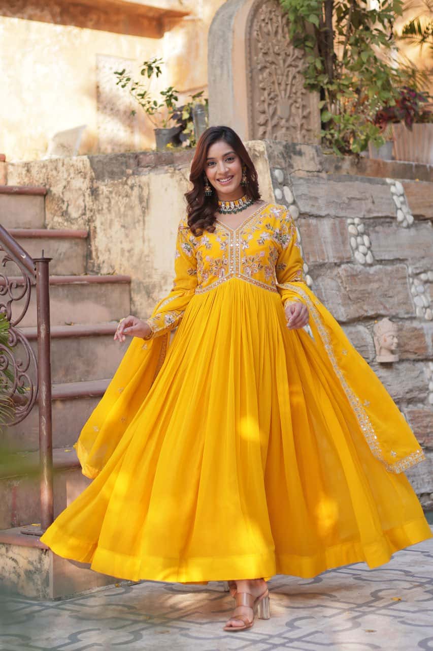 "Exquisite Faux Blooming Embroidered Gown with Sequins & Designer Dupatta Set"