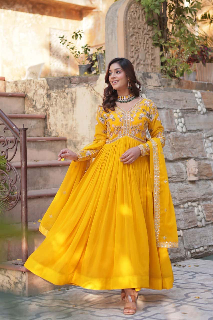 "Exquisite Faux Blooming Embroidered Gown with Sequins & Designer Dupatta Set"