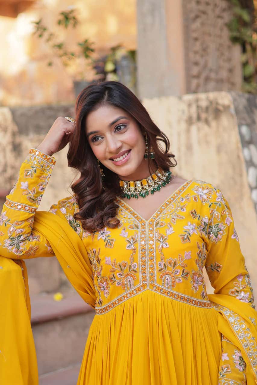 "Exquisite Faux Blooming Embroidered Gown with Sequins & Designer Dupatta Set"