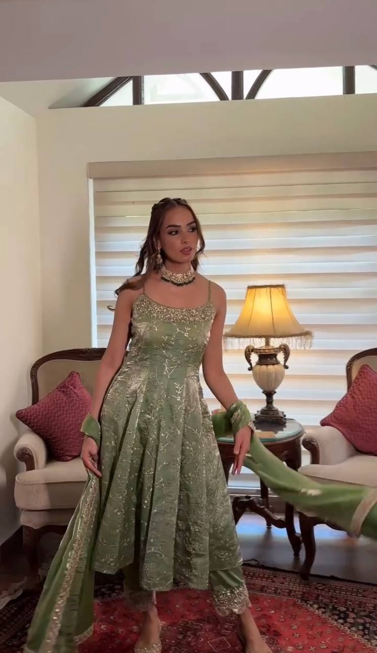 Designer Party Wear Gown with Embroidered Dupatta in Fandy Silk