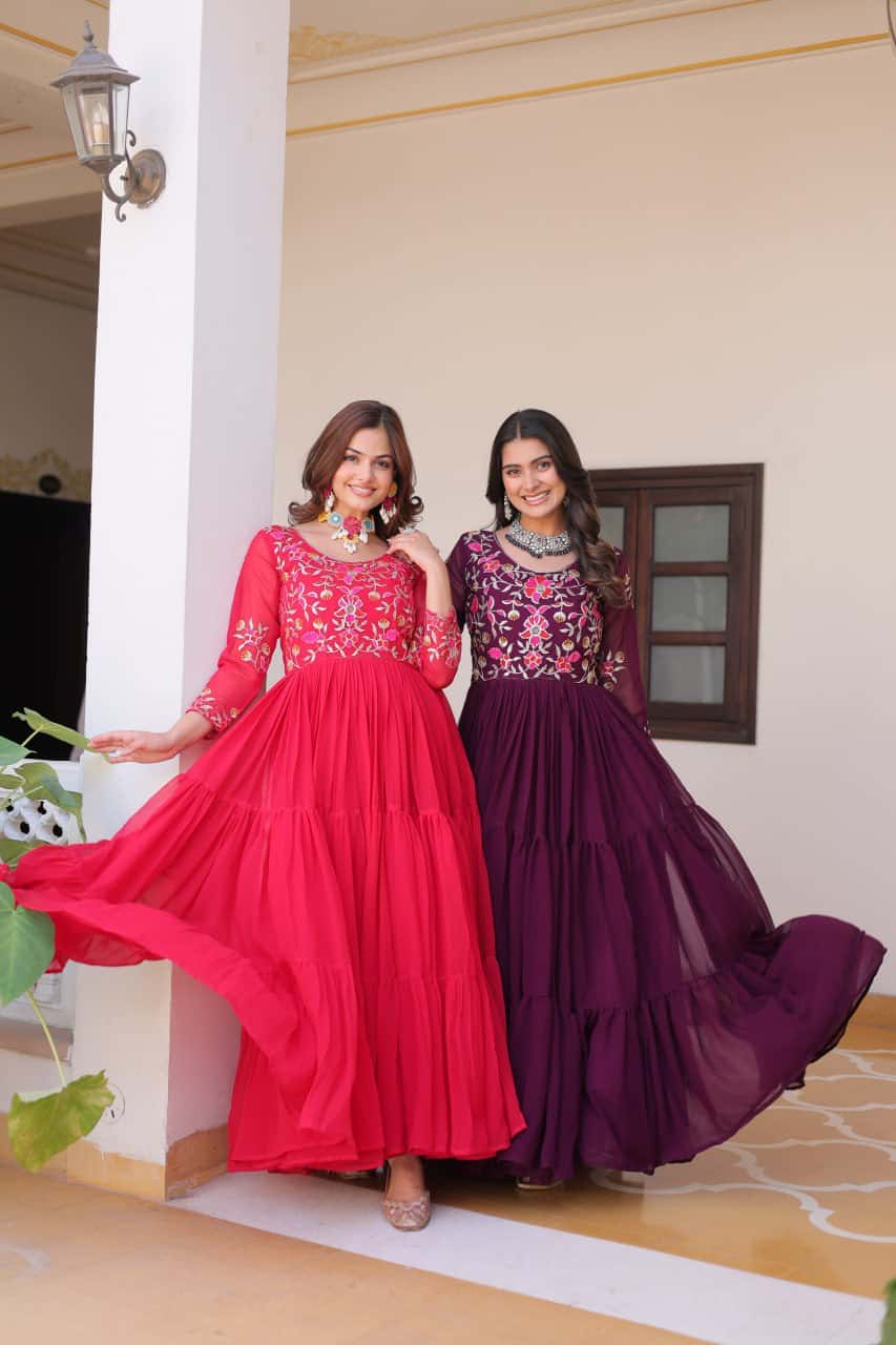 Full flared faux georgette hand embroidered gown