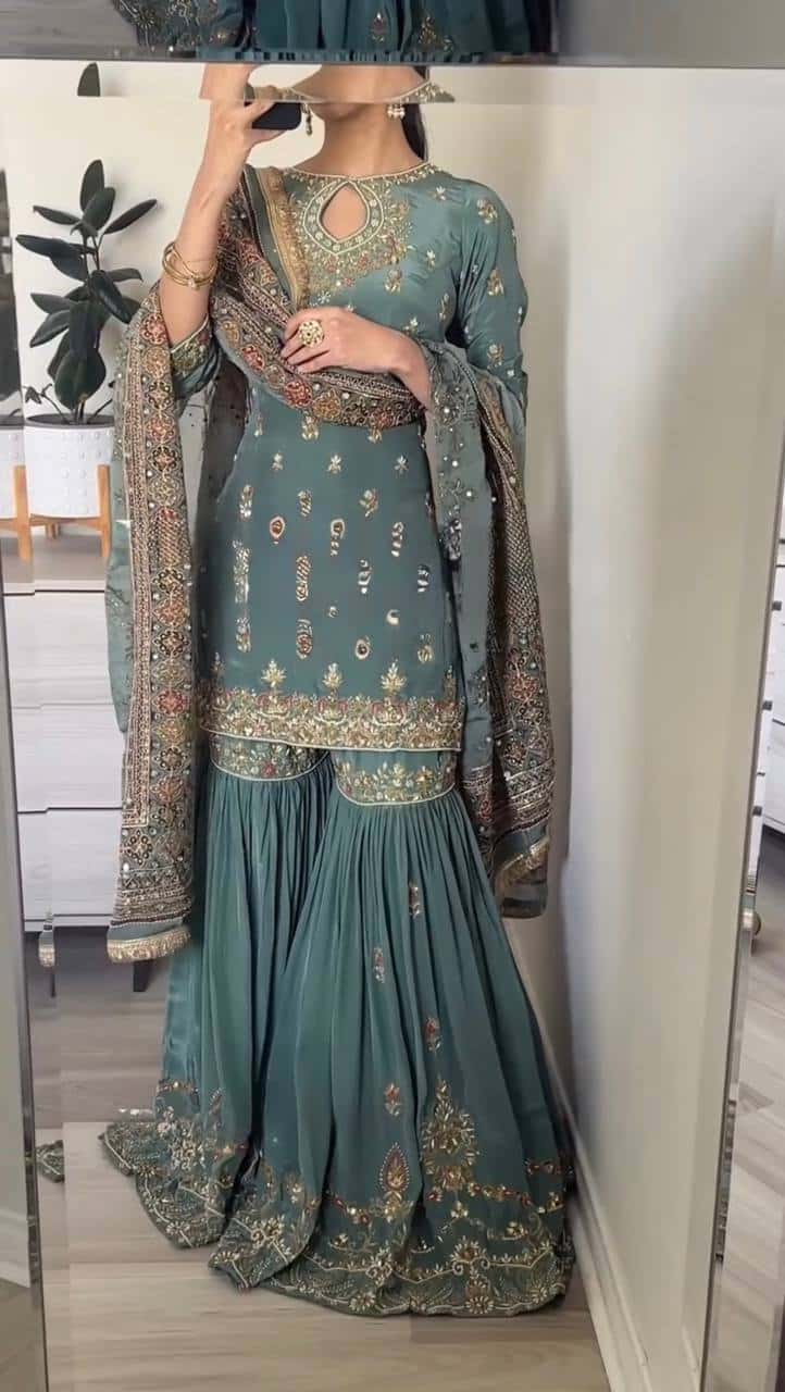 Heavy Faux Georgette Kurta and Sharara with Dupatta Set