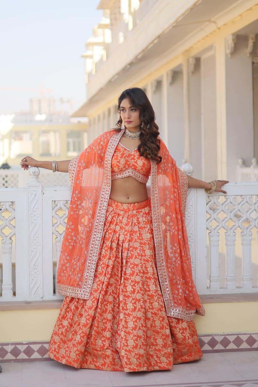 Pure Dyable Viscose Jacquard with Embroidered Sequins Work Blouse with Lehenga