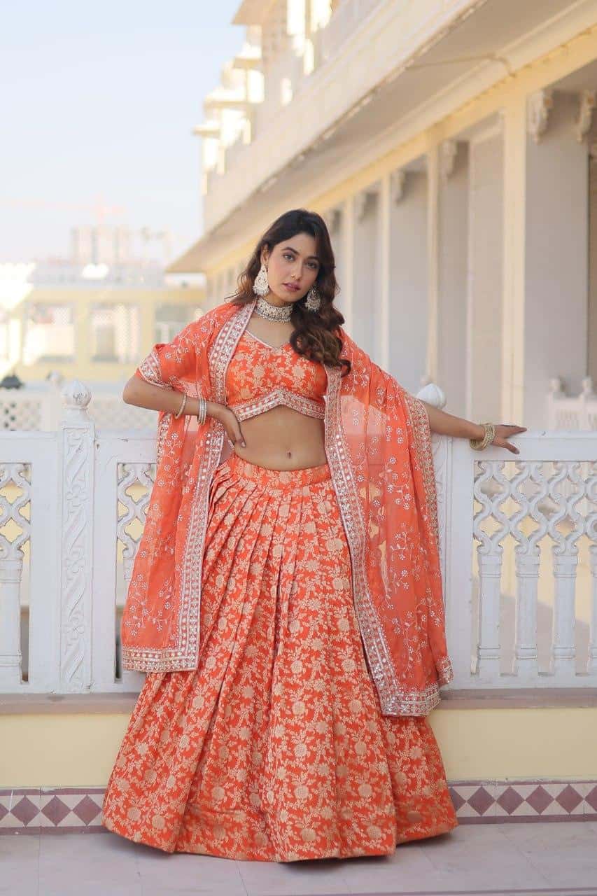 Pure Dyable Viscose Jacquard with Embroidered Sequins Work Blouse with Lehenga