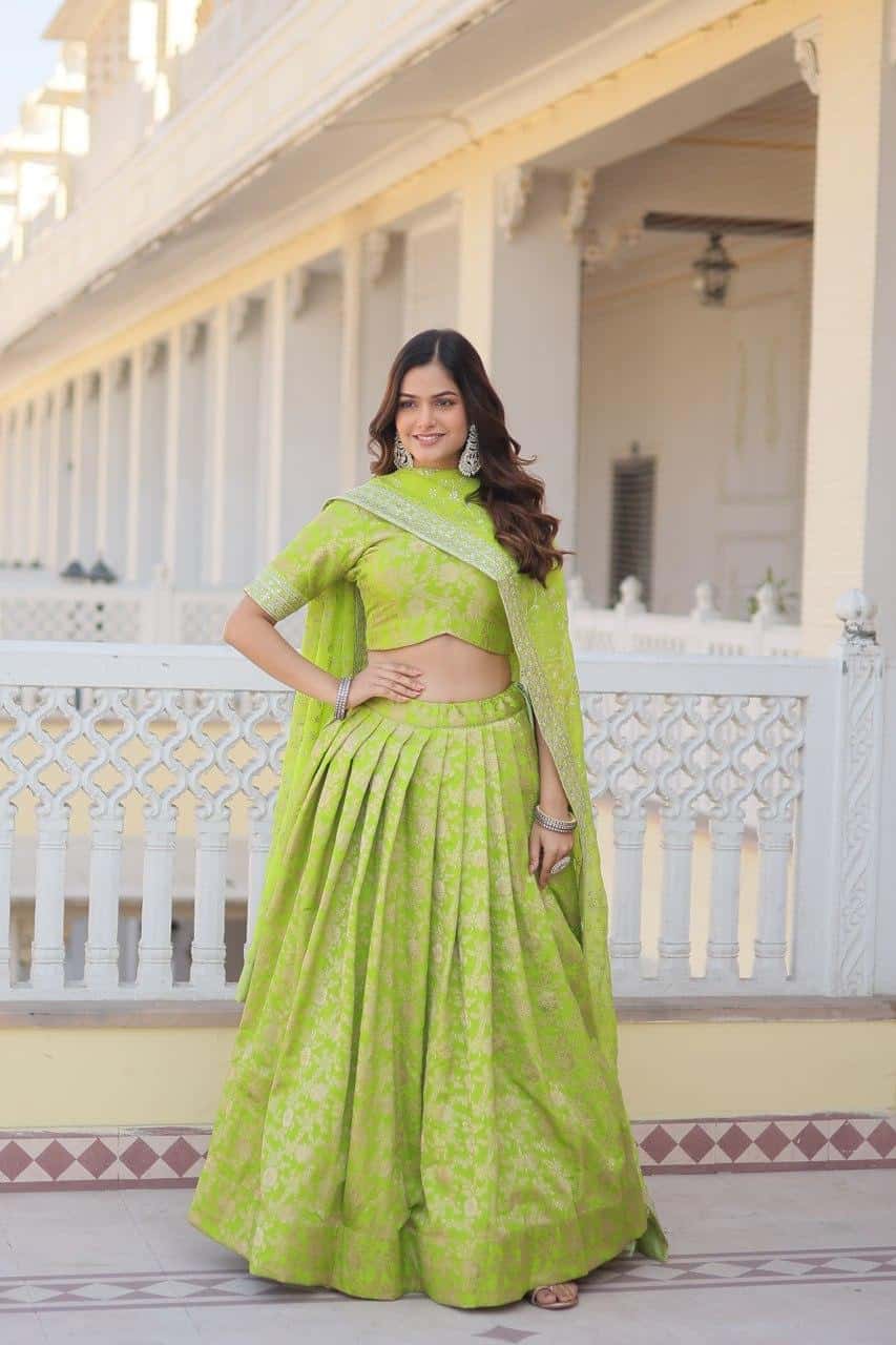 Pure Dyable Viscose Jacquard with Embroidered Sequins Work Blouse with Lehenga