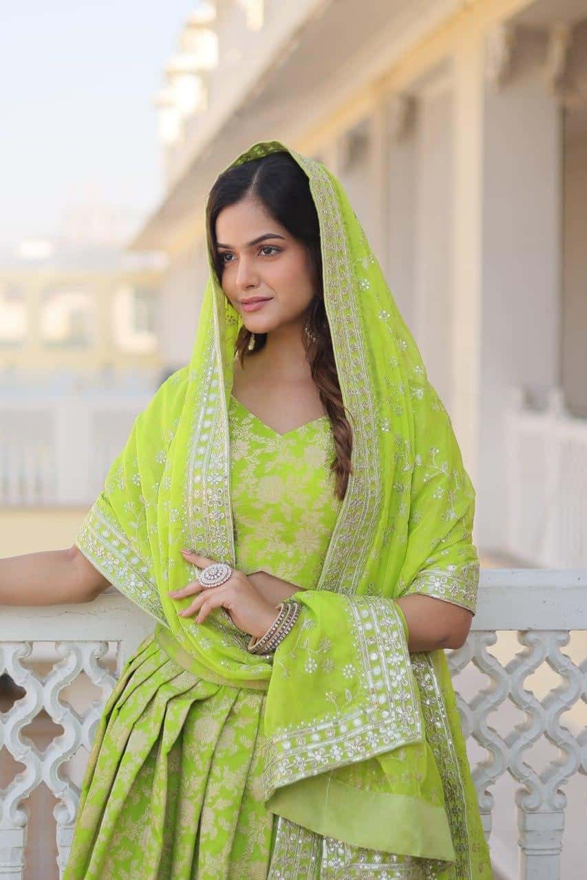 Pure Dyable Viscose Jacquard with Embroidered Sequins Work Blouse with Lehenga