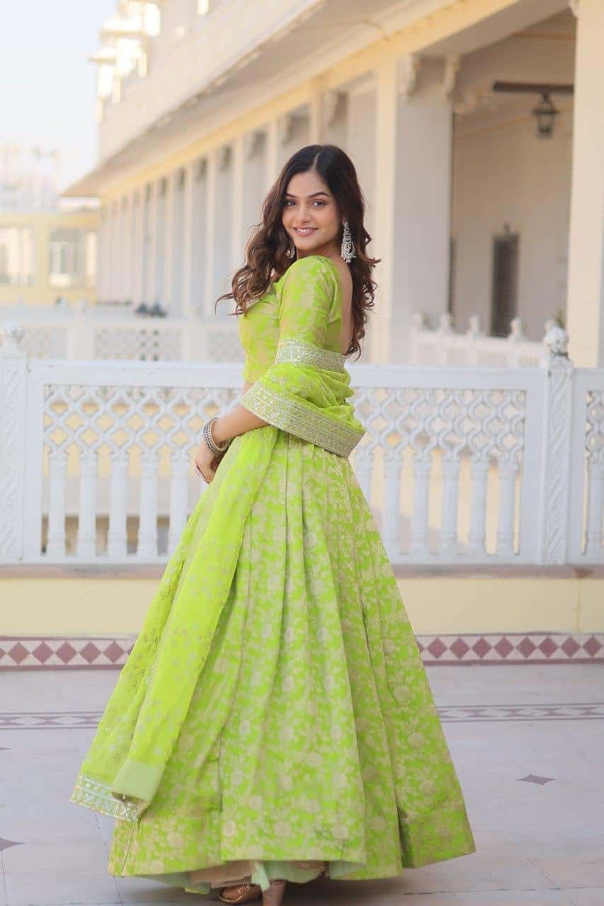 Pure Dyable Viscose Jacquard with Embroidered Sequins Work Blouse with Lehenga