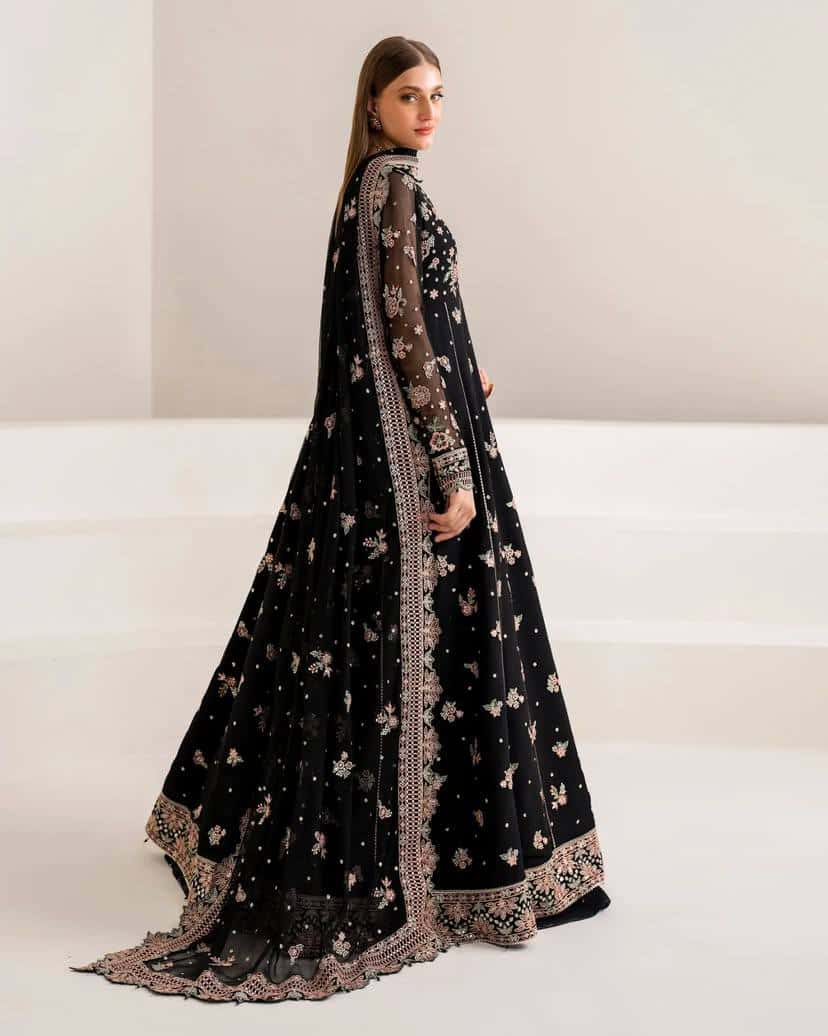 "Elegant Heavy Georgette Gown & Sharara Set with Sequence & Thread Embroidery – Fully Stitched"