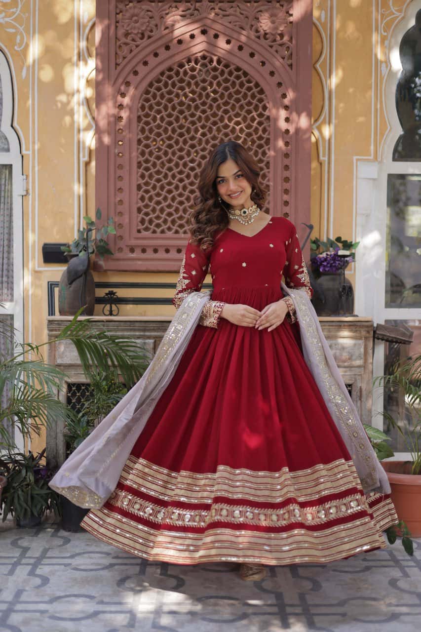 Elegant Faux Blooming Embroidered Zari Sequins Gown with Sequins-Embroidered Dupatta