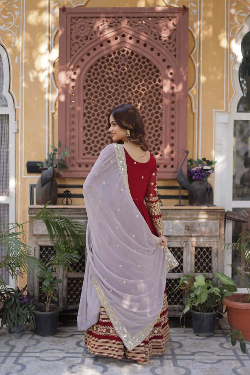 Elegant Faux Blooming Embroidered Zari Sequins Gown with Sequins-Embroidered Dupatta