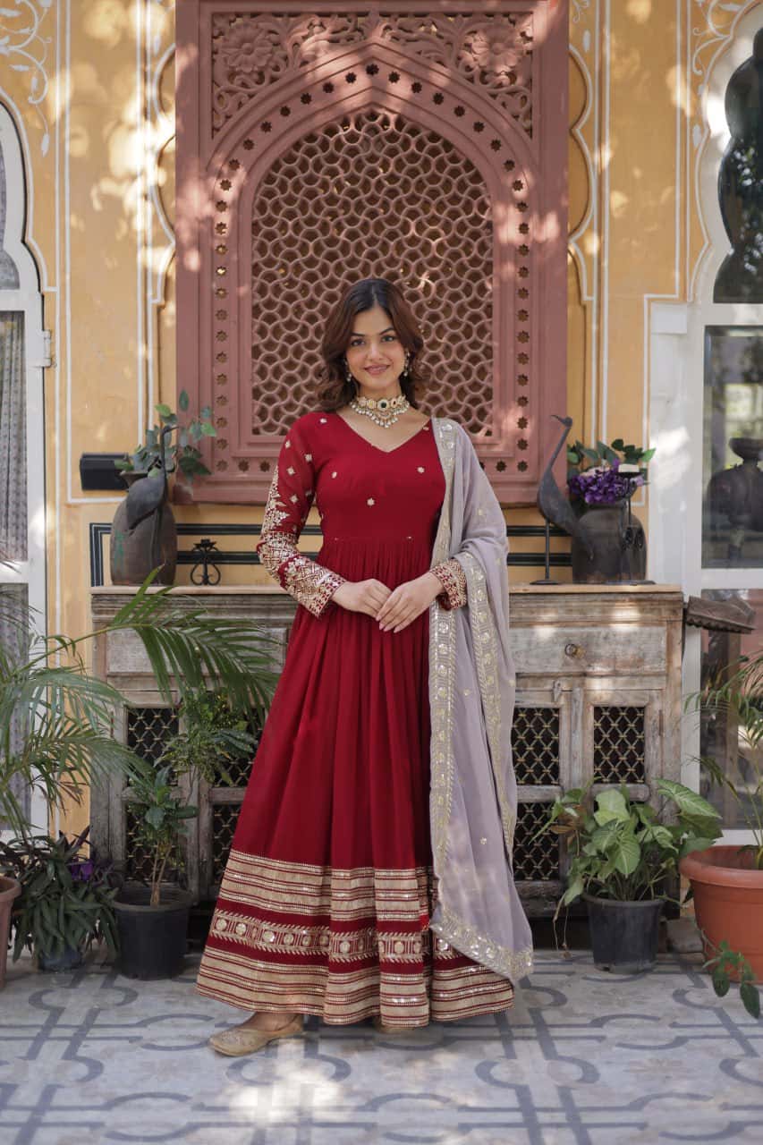 Elegant Faux Blooming Embroidered Zari Sequins Gown with Sequins-Embroidered Dupatta
