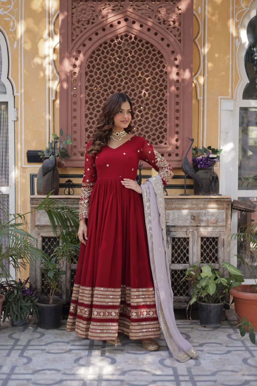 Elegant Faux Blooming Embroidered Zari Sequins Gown with Sequins-Embroidered Dupatta